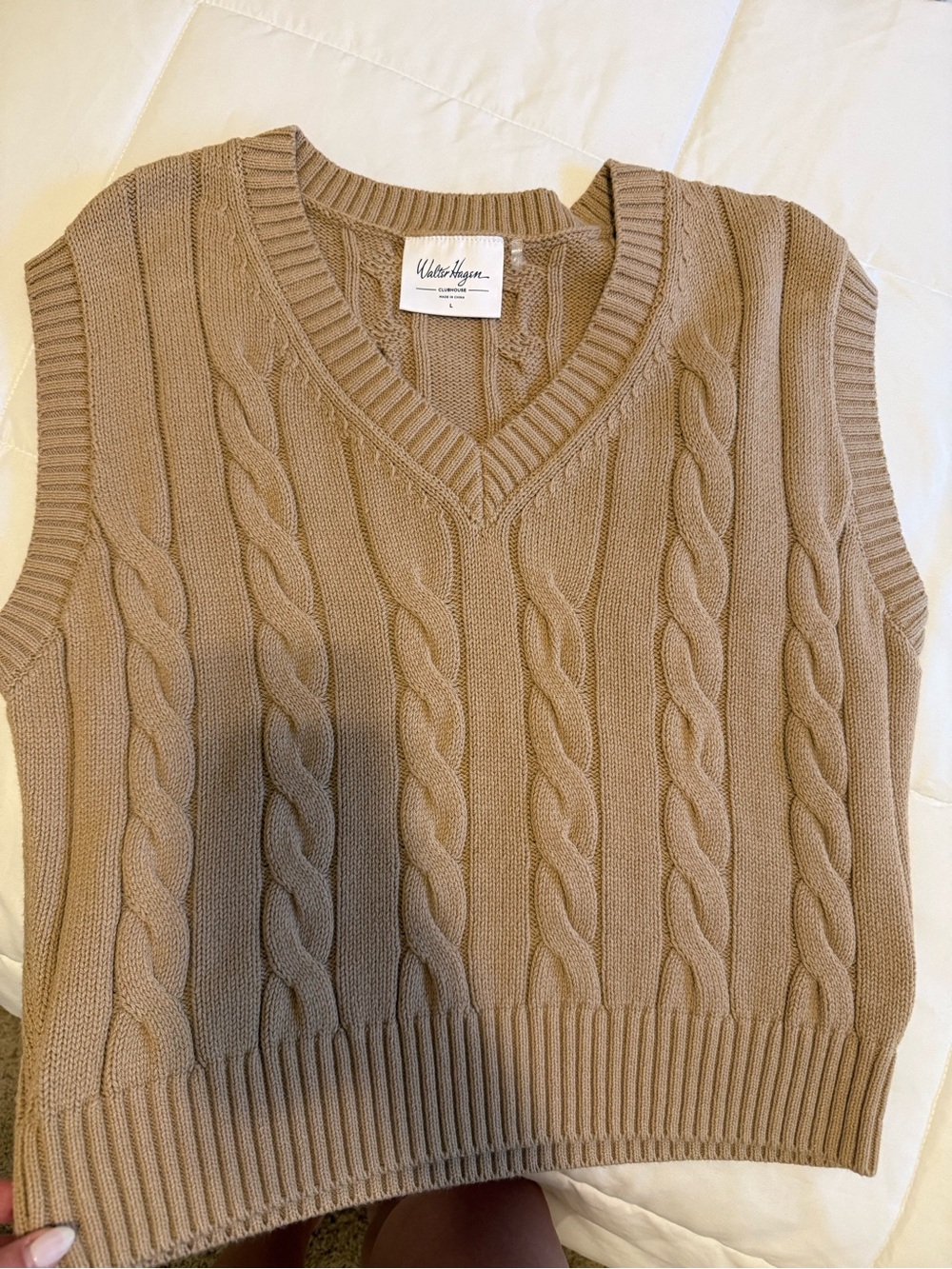 Walter Hagen Cable Knit V-Neck Sweater Vest — Camel